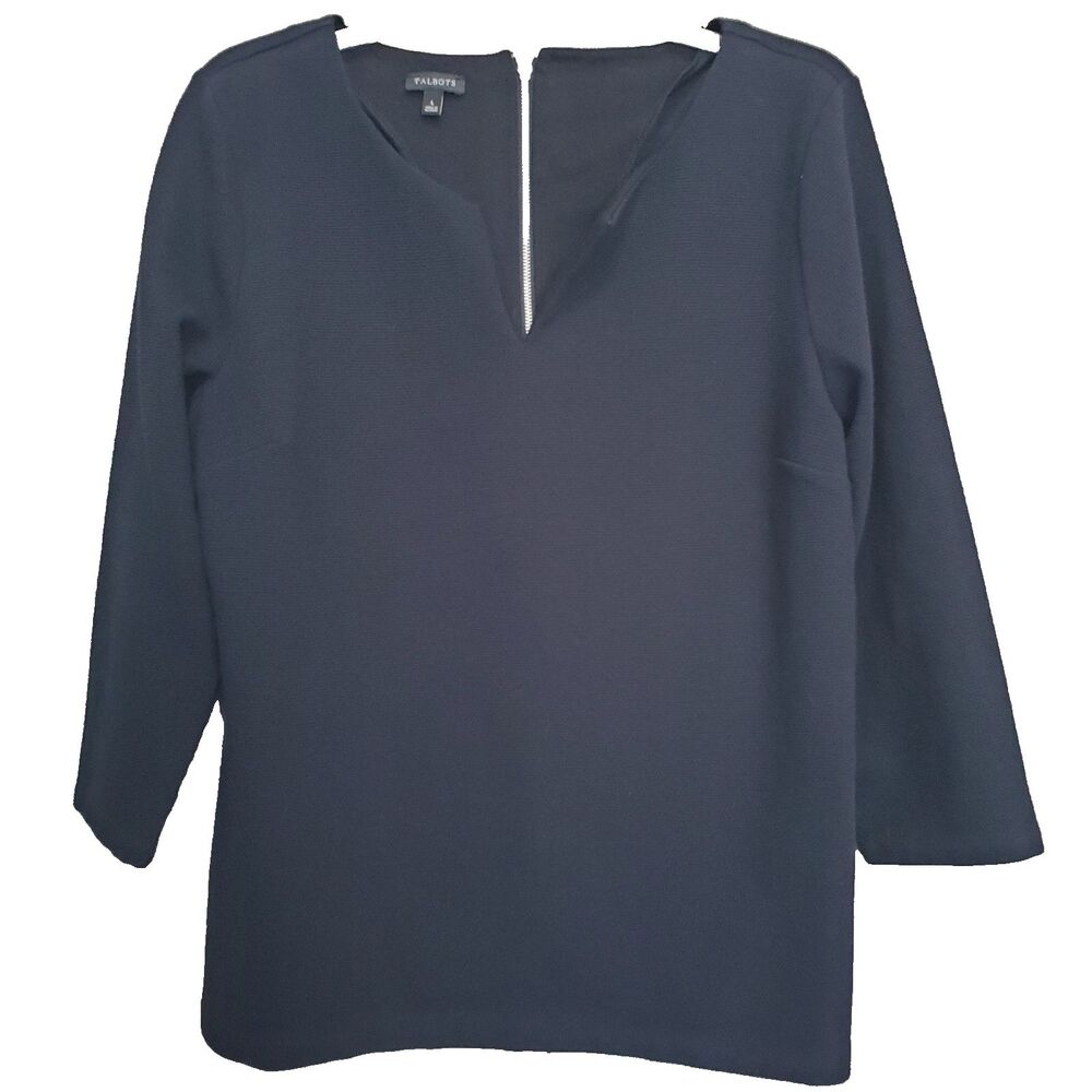 Talbots Black Cotton Blend Textured Split Neck 3/4 Sleeve Blouse Size L